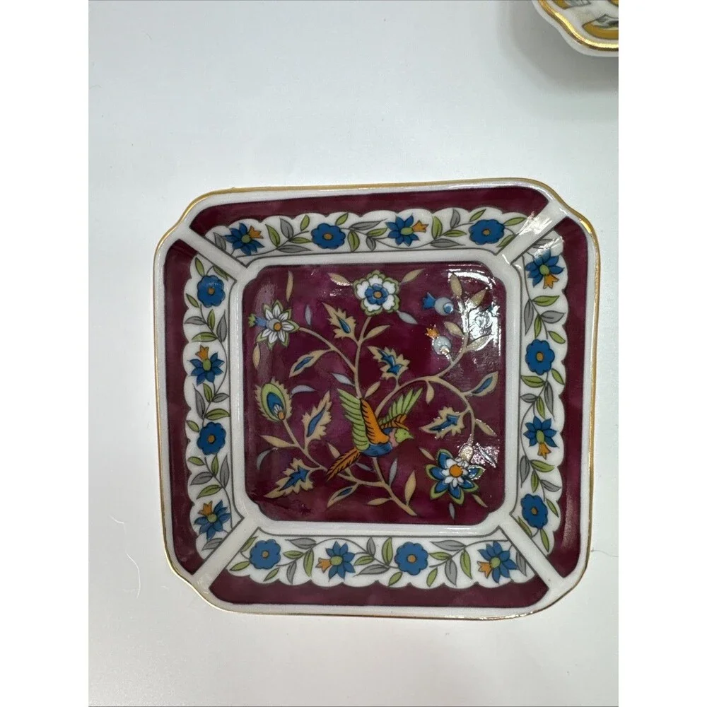 Set of 3 Takahashi 1983 Silk Road Trinket Dish Floral Bird Hand Decorated 3.25”